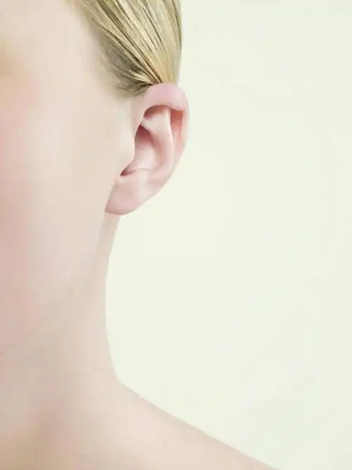 西方人,脸,头,耳朵,脸颊,脖子,一个人,竖图,室内,特写,白天,白色背景