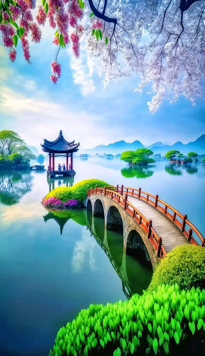 杭州西湖.西湖夏日里,碧水青山间,微风拂面,小桥流水人影,怡 - 抖音