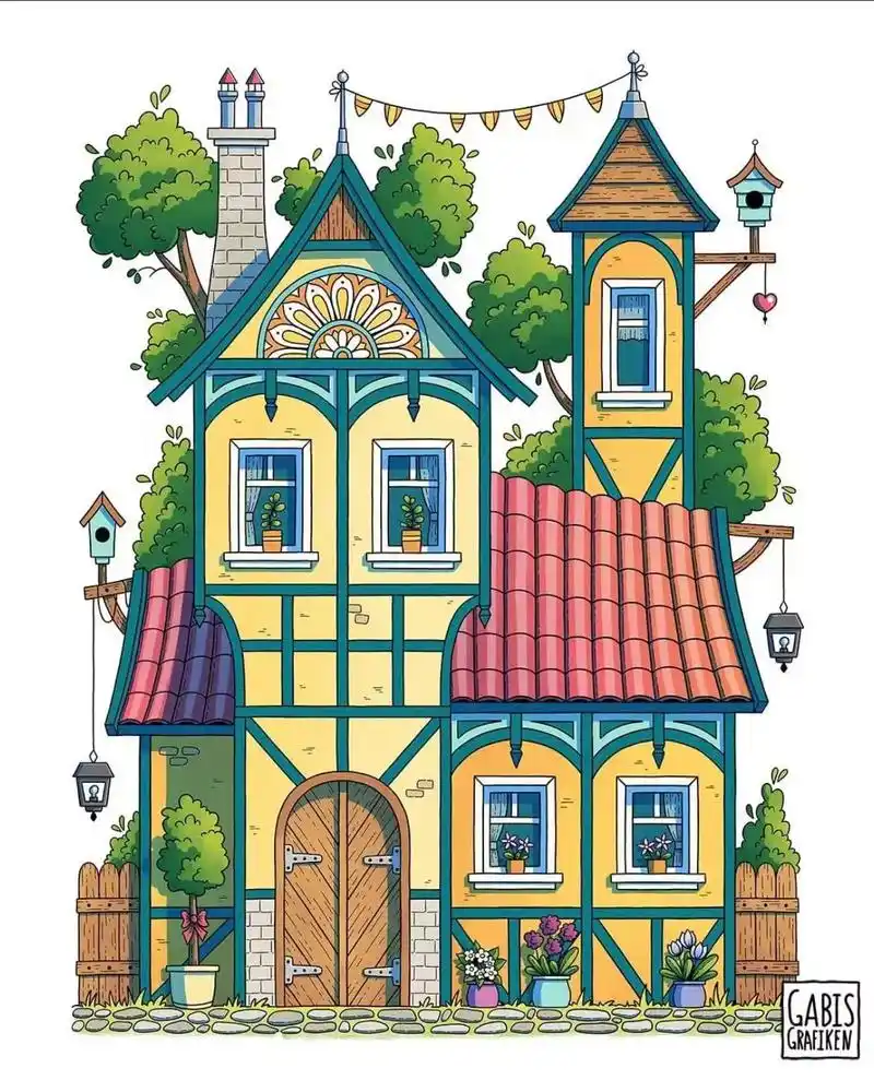 适合新手临摹的治愈系房子#一起学画画 #绘画过程分享 #零基 - 抖音