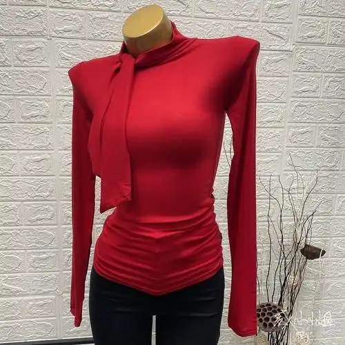 现货韩国东大门女装十足女人味半高领绑带设计微透打底衫t恤ins