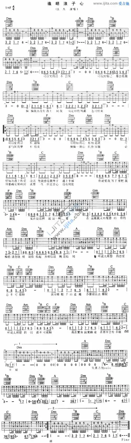 王杰谁明浪子心吉他谱