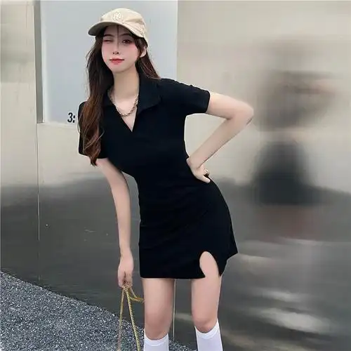 纯棉polo领t恤连衣裙性感包臀开叉修身显瘦短袖显身材夏裙子