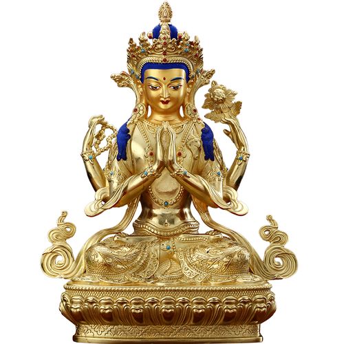 观音藏传佛教密宗四壁佛像西藏守护神纯铜鎏金四臂摆件
