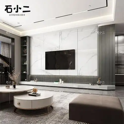 悬空电视背景墙现代简约瓷砖大理石连纹大板客厅影视墙格栅装饰柜