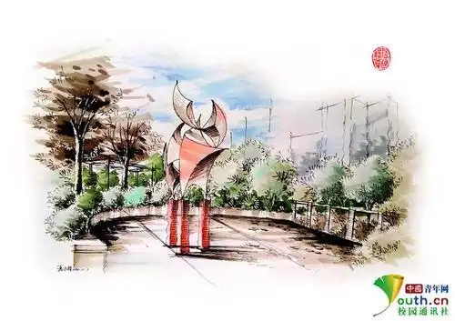 校园雕塑手绘图