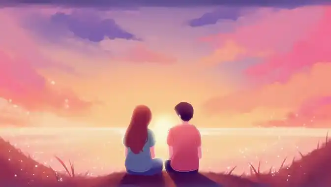 情侣紧挨着坐在一起的背影唯美浪漫情人节爱情双人手绘插画温馨氛围感