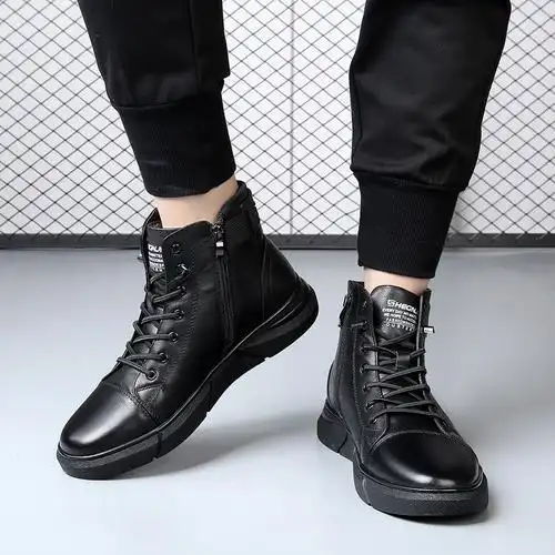 高帮牛皮男士皮靴秋冬保暖男鞋绅士棉鞋黑色皮鞋加绒休闲靴子新款