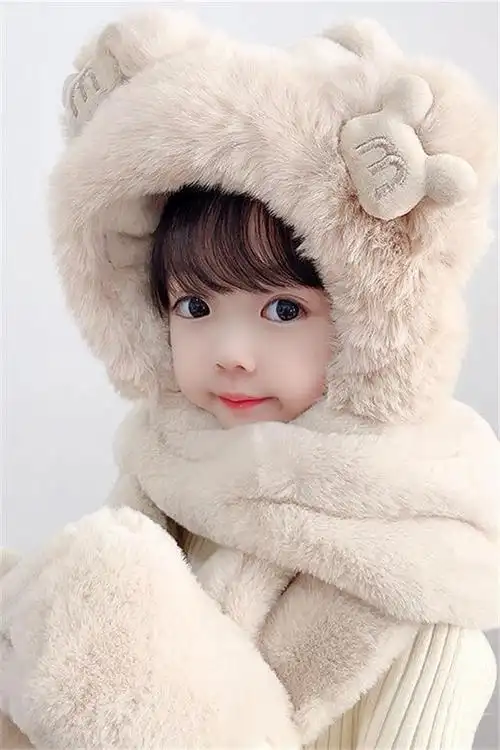 宝宝帽子冬季围巾手套一体帽男女童可爱萌加绒护耳帽儿童套头帽潮