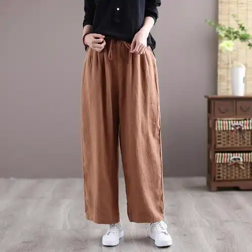 文艺范棉麻阔腿裤女松紧腰纯色显瘦休闲裤春季薄款百搭亚麻宽筒裤