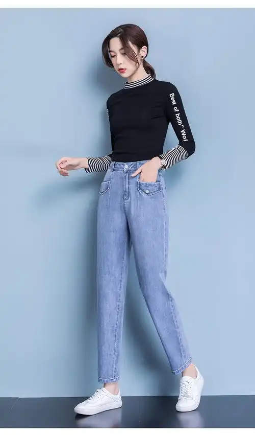 牛仔裤女20春夏新款牛仔裤女弹力高腰哈伦长裤女装 蓝色 33【图片 价