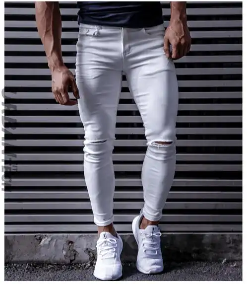 肌肉男牛仔裤紧身弹力健身运动修身潮流训练破洞休闲长裤九分裤子白色