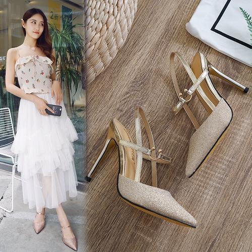 2022春款一字带扣高跟鞋女尖头细跟秋季金色亮片跟韩版百搭女单鞋