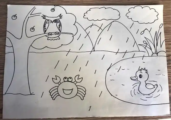 展风采简笔画比赛活动 写美篇第一名是周晓倩老师的作品《雨天欢聚》