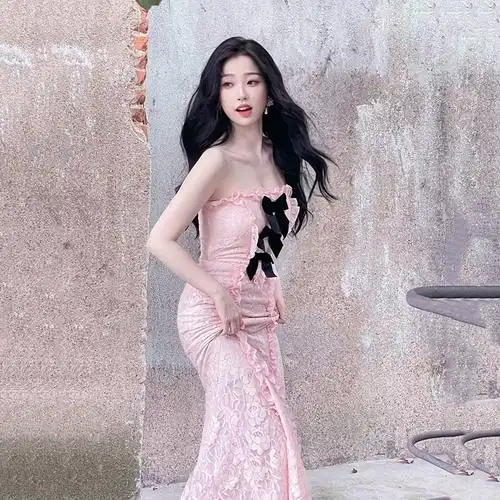 蝴蝶结抹胸蕾丝连衣裙粉色鱼尾长裙高级感礼服裙spicy虞书欣同款