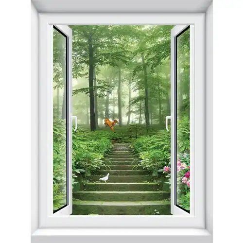 竖款3d仿真假窗户自粘贴纸防水墙贴画装饰森林风景竹林瀑布墙壁纸
