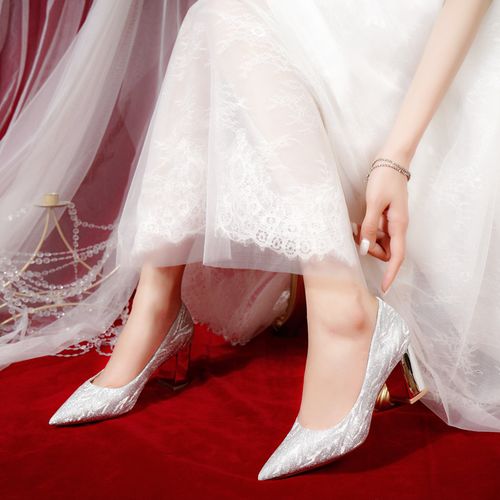主婚纱婚鞋女2021年新款亮片银色细高跟鞋法式日常可穿礼服新娘鞋