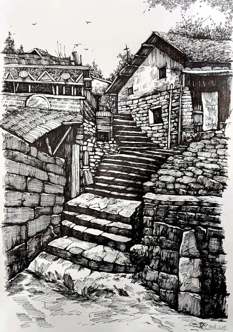 近期临摹.乡村小路临摹#风景速写 #风景画 #黑白线描画 - 抖音