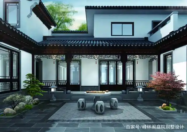 湖南农村中式别墅四合院设计内天井庭院效果图