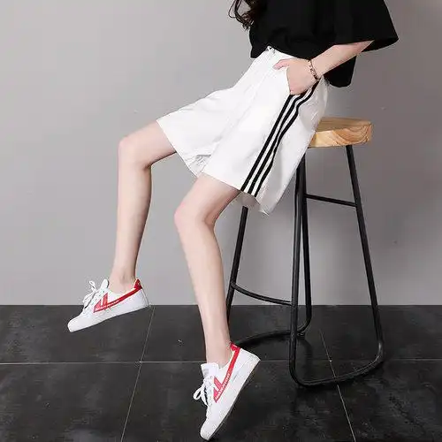 高腰白色运动短裤女夏2018新款宽松学生阔腿五分bf原宿风休闲热裤_7折