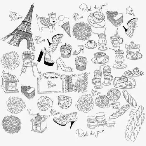 手绘巴黎各式各样物品图案