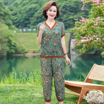 唐依巧妈妈洋气棉麻上衣服套装中年女夏装棉绸短袖t恤中老年套装绿色l