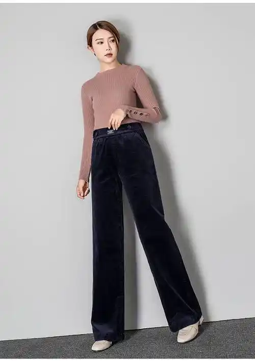 施悦名 2019秋冬新款休闲裤女裤条绒宽松休闲高腰阔腿裤直筒裤长裤a