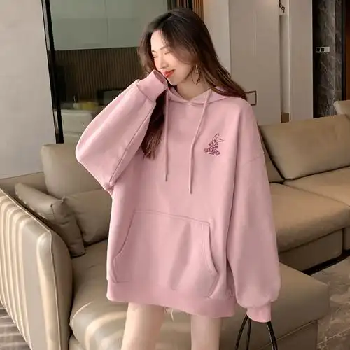 唐狮卫衣女秋冬新款加绒连帽卫衣女加厚女士红色上衣overize