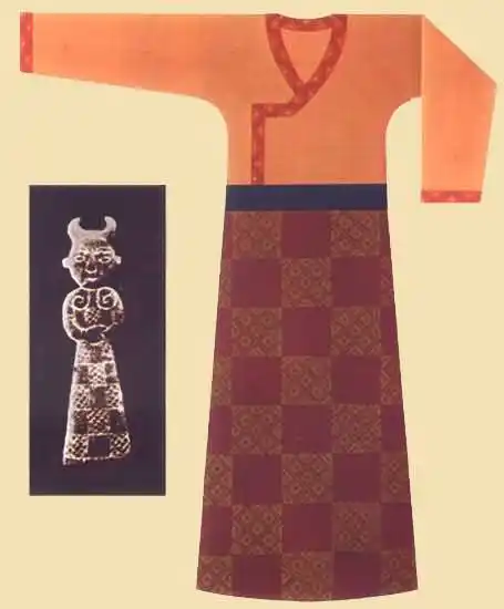 这种服装为矩领,领,袖,襟,裾均有缘饰,肩上有披肩,腰系绦带,并在右侧