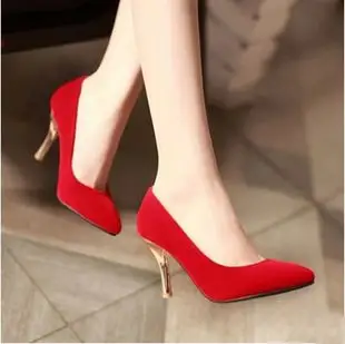 春季女鞋新款单鞋简约大红色高跟鞋绒面尖头单鞋婚鞋新娘鞋子