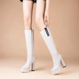 艾上他她超高跟过膝长靴女秋季防水台圆头粗跟骑士靴牛皮靴长筒靴12cm