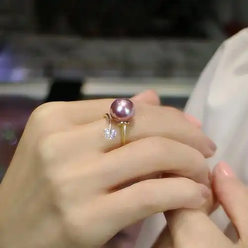 顺景 新品萌紫珍珠贝珠戒指正圆极强光指环镀18k金淡水珠显白唯美