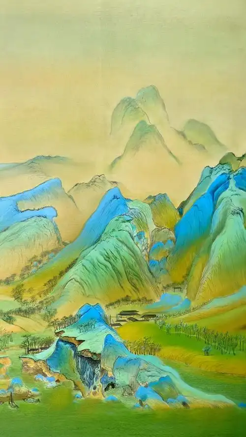 临摹千里江山图,油画颜料一层层罩染,细节还多,等颜料干点再来画