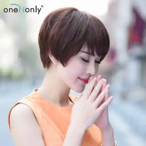 唯伊手织真发假发波波头斜刘海短直发蓬松真人发丝整顶发套