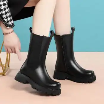 皮毛一体大码中筒靴女牛皮加绒羊毛长筒妈妈靴子冬季粗跟侧拉链东北