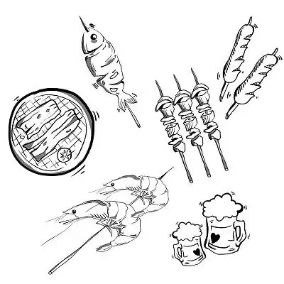 卡通线描手绘烤串烧烤食物素材原创插画烧烤元素
