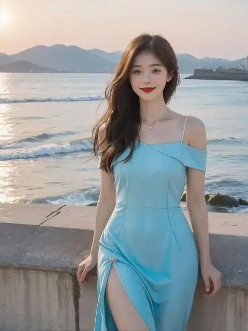 美女,优雅女神降临!清新蓝裙配白纱,甜美笑容彰显高贵气质