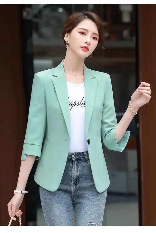 春秋绿色一粒扣职业装女士小西装韩版休闲短款小个子修身休闲外套