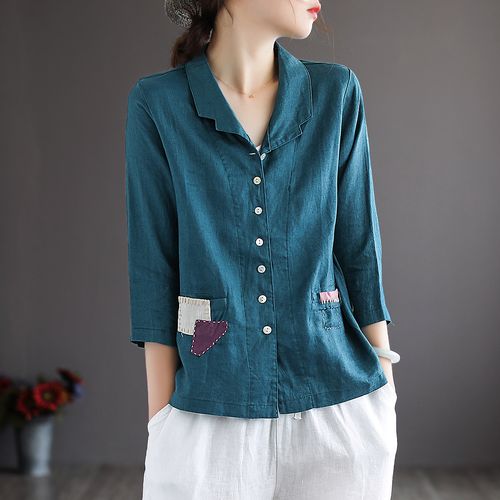 帛槿文艺复古棉麻纯色七分袖短外套女士夏季新款宽松贴布翻领上衣