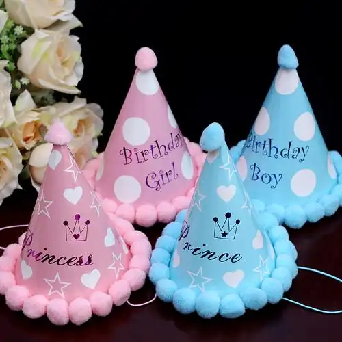 厂家直销批 发 波点球帽 绒球生日帽 毛球儿童尖角帽 圆点帽20cm