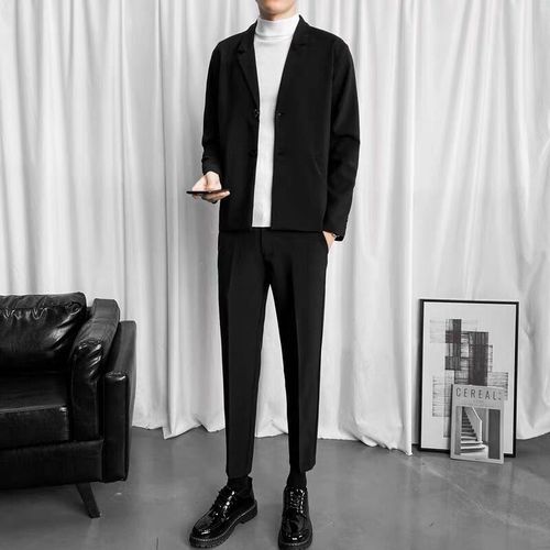 西装外套男宽松港风西服套装黑色青年帅气一套韩版潮流修身小西装