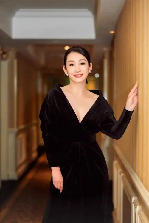 秦海璐身穿tadashi shoji 2019秋冬走秀款天鹅绒v领长裙连衣裙优雅