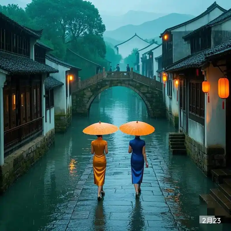 烟雨中的江南,桥边流水潺潺.一袭旗袍,一把油纸伞,是