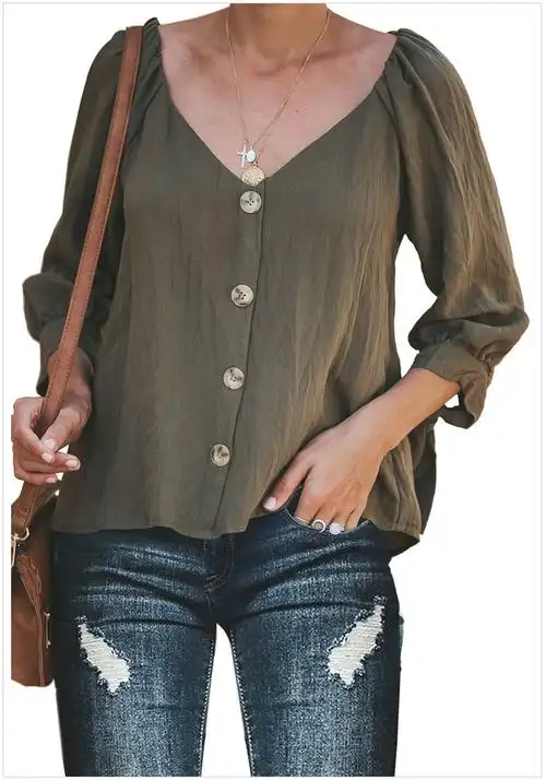 亚马逊ebay爆款 欧美纽扣v领系带长袖衬衫休闲宽松上衣