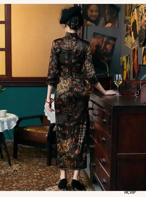 汇承(hcvip)真丝长款旗袍2020年新款中年女妈妈日常可穿七分袖显瘦遮