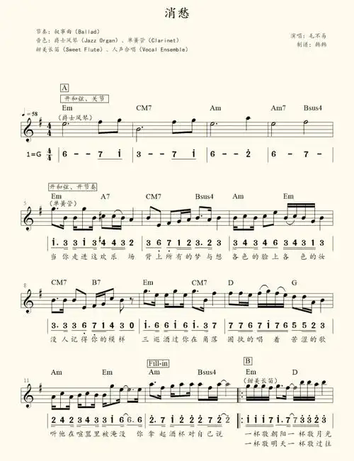 电子琴曲谱消愁