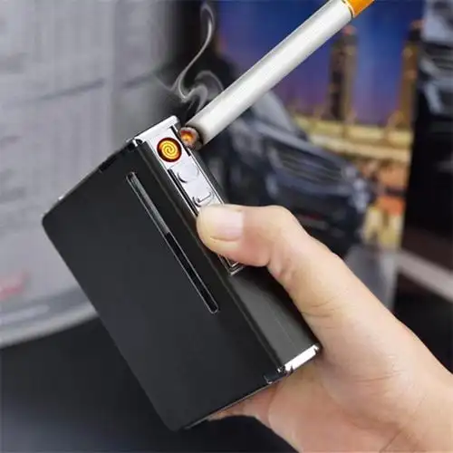 充电烟盒usb打火机香烟盒20支装烟盒子铝合金拉丝自动弹烟装烟盒黑