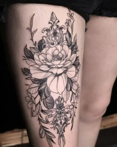 素花纹身图片_腿部点刺纹身图案