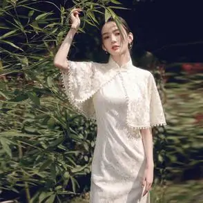 司藤同款夏季改良旗袍披肩礼服年轻少女款纯白色气质复古短连衣裙