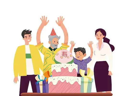 彩色庆祝老人生日吃寿包蛋糕收礼物场景矢量元素png素材