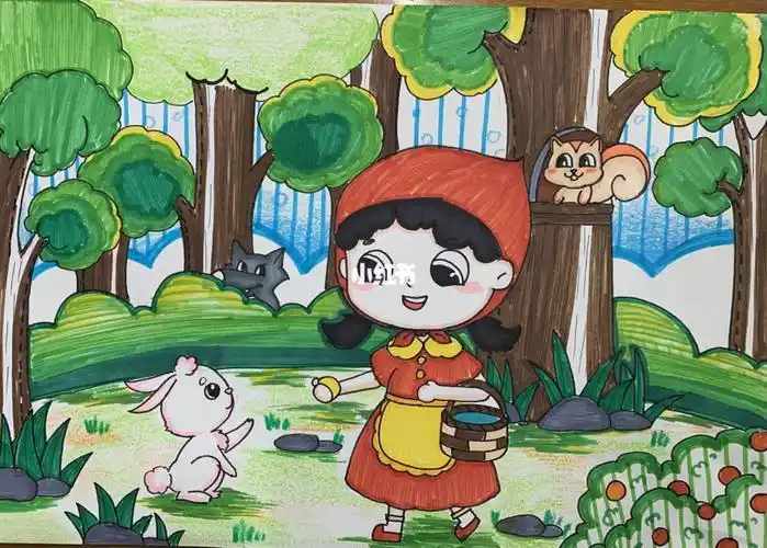 幼儿故事小红帽简笔画彩铅